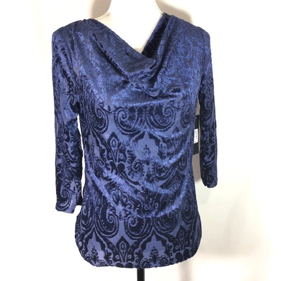 NWT Velvet Burnout Cowl W Tank Blue 3/4 Sleeve - Picture 2 of 7